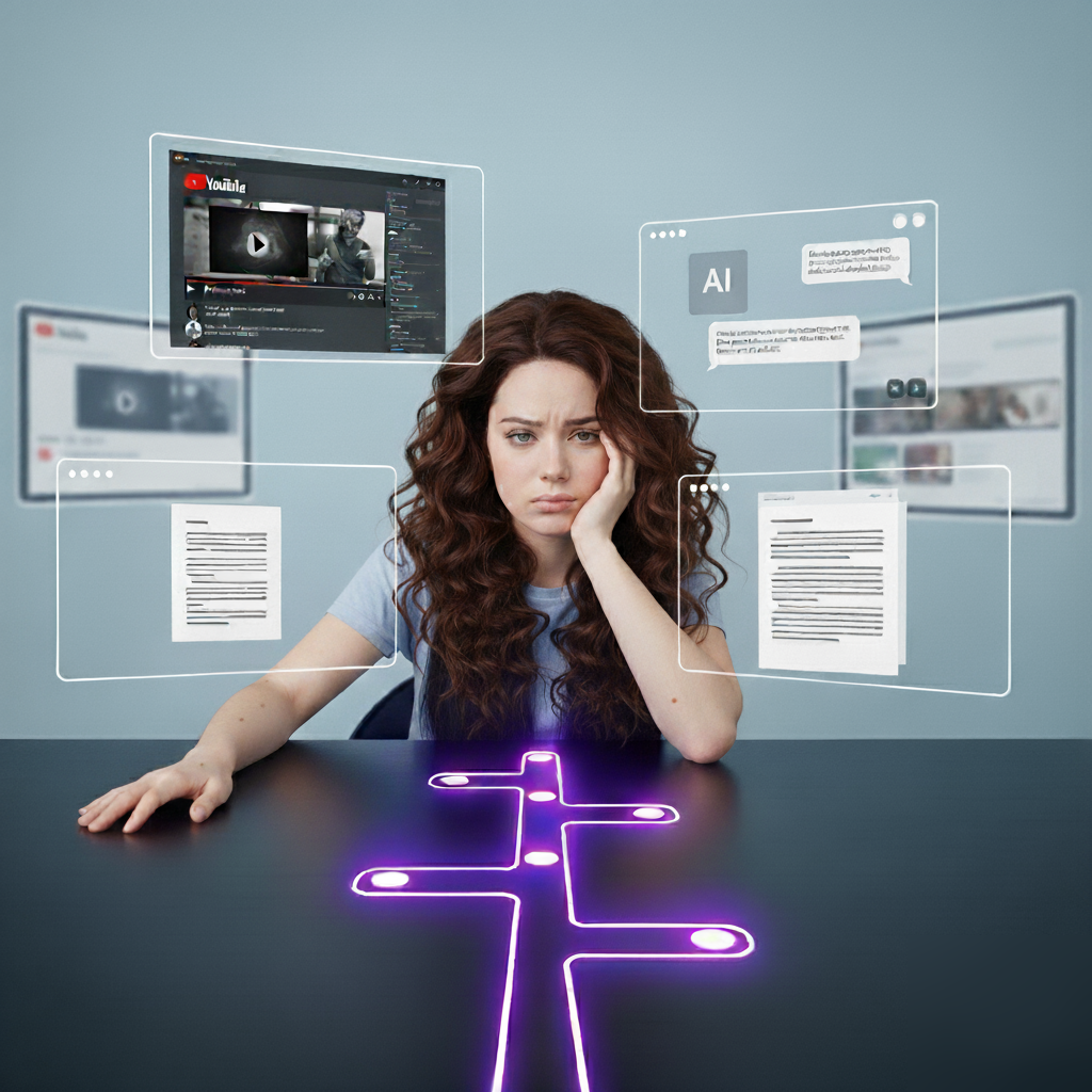 Confused student surrounded by multiple learning sources, finding a clear learning path with WeLearn.